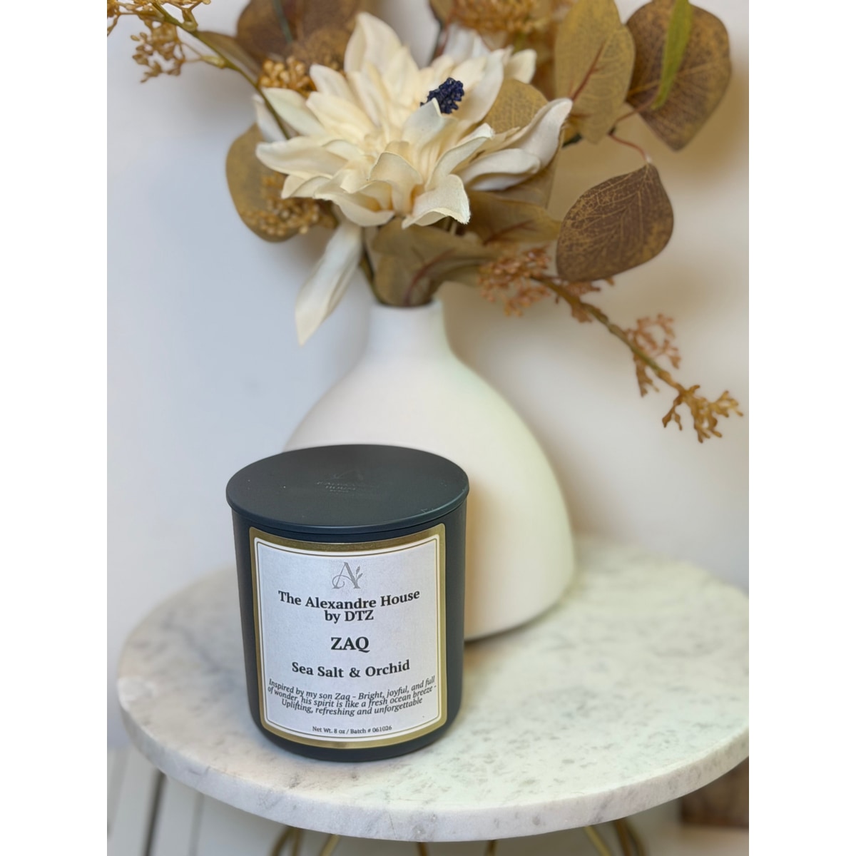 ZAQ | Sea Salt & Orchid Signature Candle (8 oz)A fresh, coastal luxury candle with a crackling wood wick