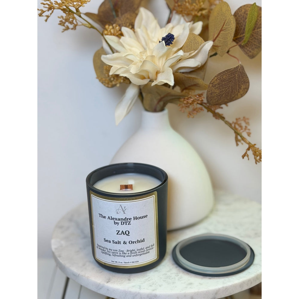 ZAQ | Sea Salt & Orchid Signature Candle (8 oz)A fresh, coastal luxury candle with a crackling wood wick