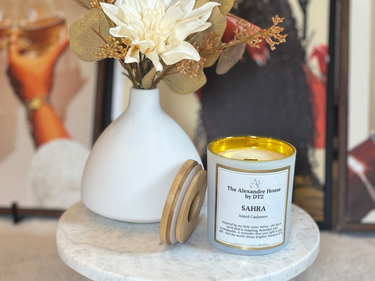 Sahra | Island Cashmere Signature Candle (8 oz) A warm, radiant luxury candle in a crackling wood wick