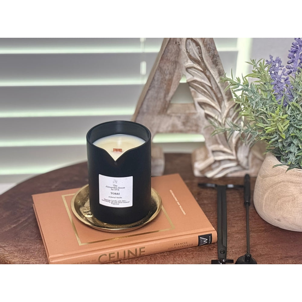 Torri | Ambered Vanille & Vanilla Massage Candle (8 oz) — A skin-loving blend of coconut soy wax, doubles as candle + moisturizer.